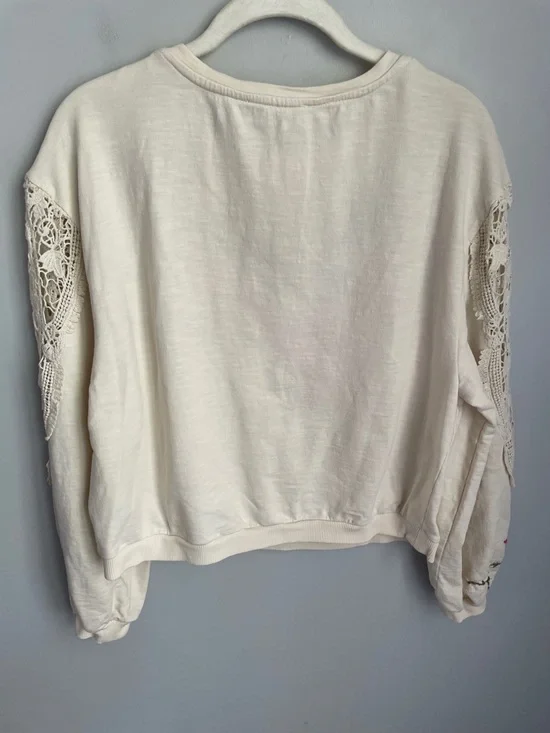 Anthropologie Cream Pullover Sweatshirt  Pink/Green Floral Embroidery Small - Picture 5 of 8
